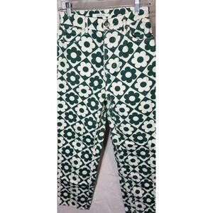 Pants Green White Flower Print High Rise Button Fly Denim Jeans